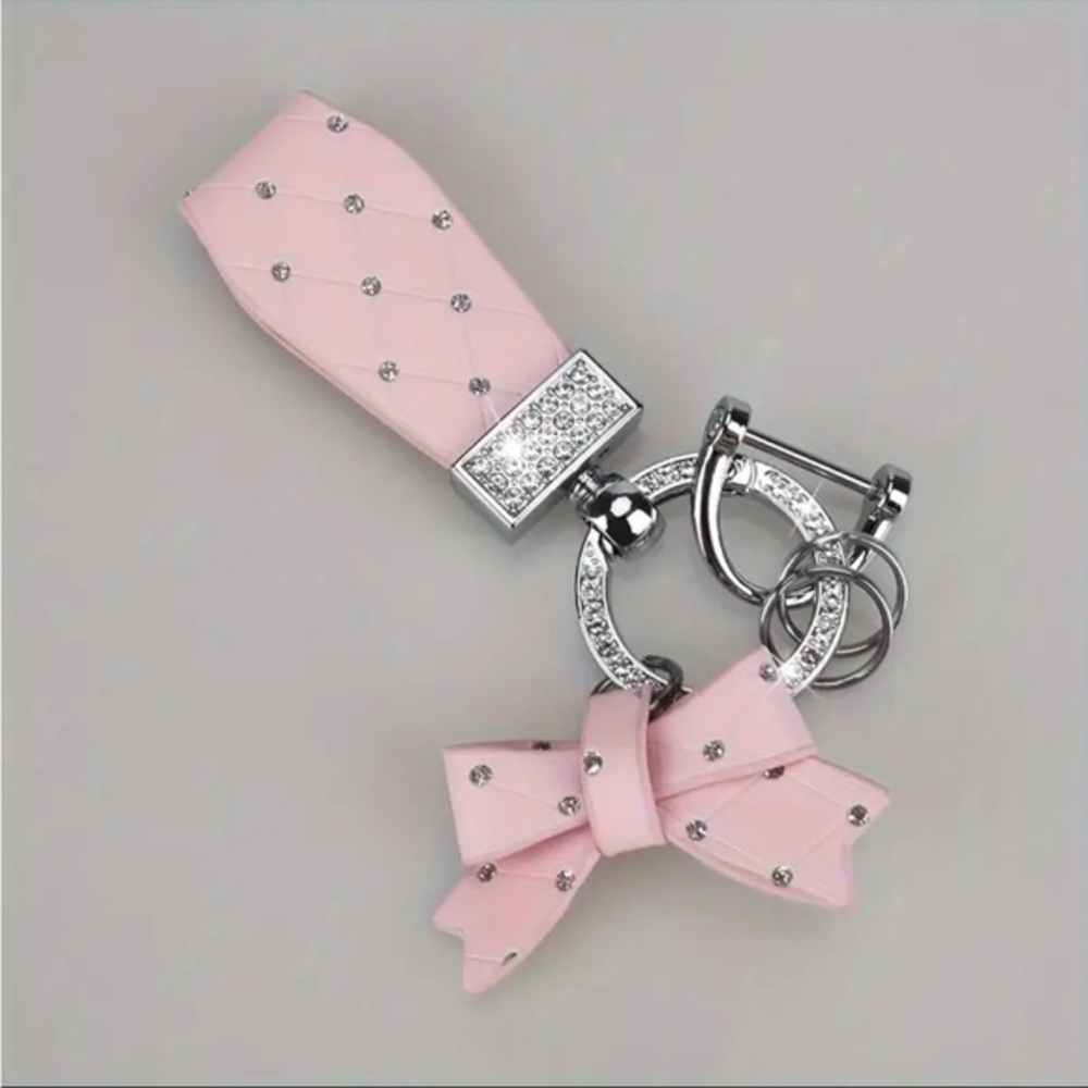 Pink Rhinestone Bow Keychain Bag Charm Quilted Silver Tone NWT